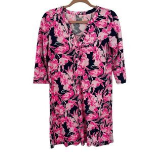 Lilly Pulitzer V-neck Floral Flamingo 3/4 Sleeve Dress Blue/Pink Size XS